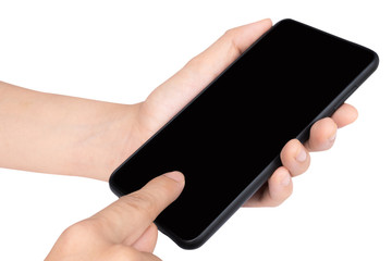 Close up adult woman hand holding and touching screen on the modern black smartphone mock up in vertical position with blank screen isolated on white background with clipping path.