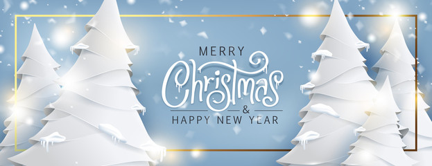 Merry Christmas and Happy New Year background for Greeting cards with christmas tree landscape and snowing paper art style.Merry Christmas vector text Calligraphic Lettering Vector illustration.