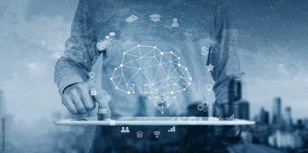 Poster cloud computing technology, businessman using digital tablet with technology icon
