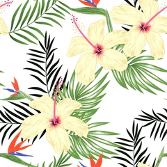 Tuinposter Tropical seamless pattern with palm leaf hibiscus and bird of paradise © elsabenaa