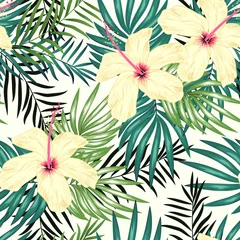 Foto op Plexiglas Tropical seamless pattern with palm leaf hibiscus flower © elsabenaa