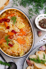 Thick vegetable soup with pasta