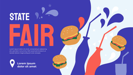 Event poster with food for State Fair or Street food festival. Vector illustration with burgers, bottles, drink. Design template for invitation, landing page, layout, banner, print, flyer, brochure.