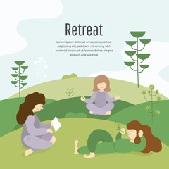 Vector illustration of three girls in retreat tour, reading, meditating, lying on green grass, uses a technique mindfulness. Yoga, retreat weekend. Group of people relax in nature. Template for banner