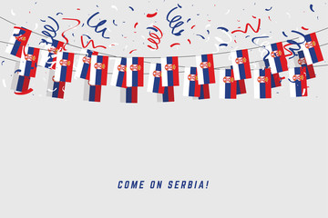 Serbia garland flag with confetti on white background, Hang bunting for Serbia celebration template banner.