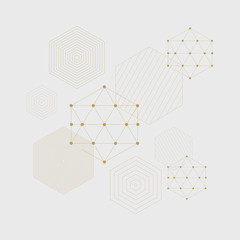 Abstract geometric composition with decorative hexagons.