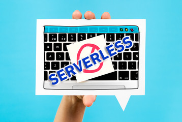 Serverless concept on speech bubble with computer keyboard and blue background.