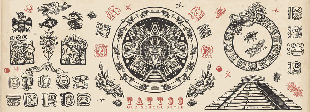 Ancient Maya Civilization. Old school tattoo collection. Mayan, Aztecs, Incas. Sun stone, pyramids, glyphs, Kukulkan. Ancient mexican mesoamerican culture. Vintage traditional tattooing style