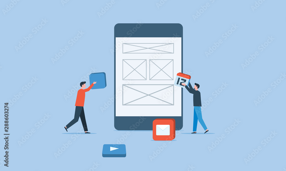 Poster mobile application development and business team working concept