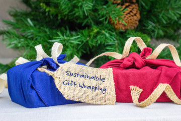 Reusable fabric wrapping for gifts, sustainable living concept, zero waste, recycle, reuse,...