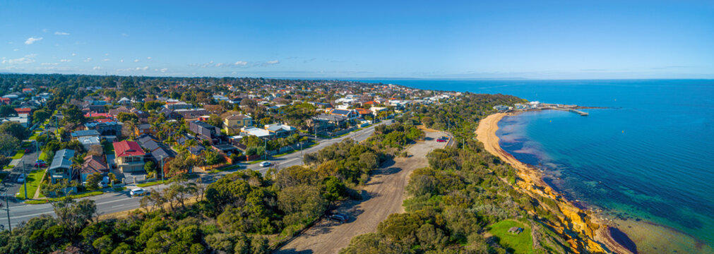 Aerial panorama of Beach Road and Black Rock suburb in Melbourne, Australia © Greg Brave