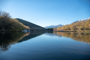 Beautiful serene glacial lake with a backdrop of the majestic southern alps of New Zealand