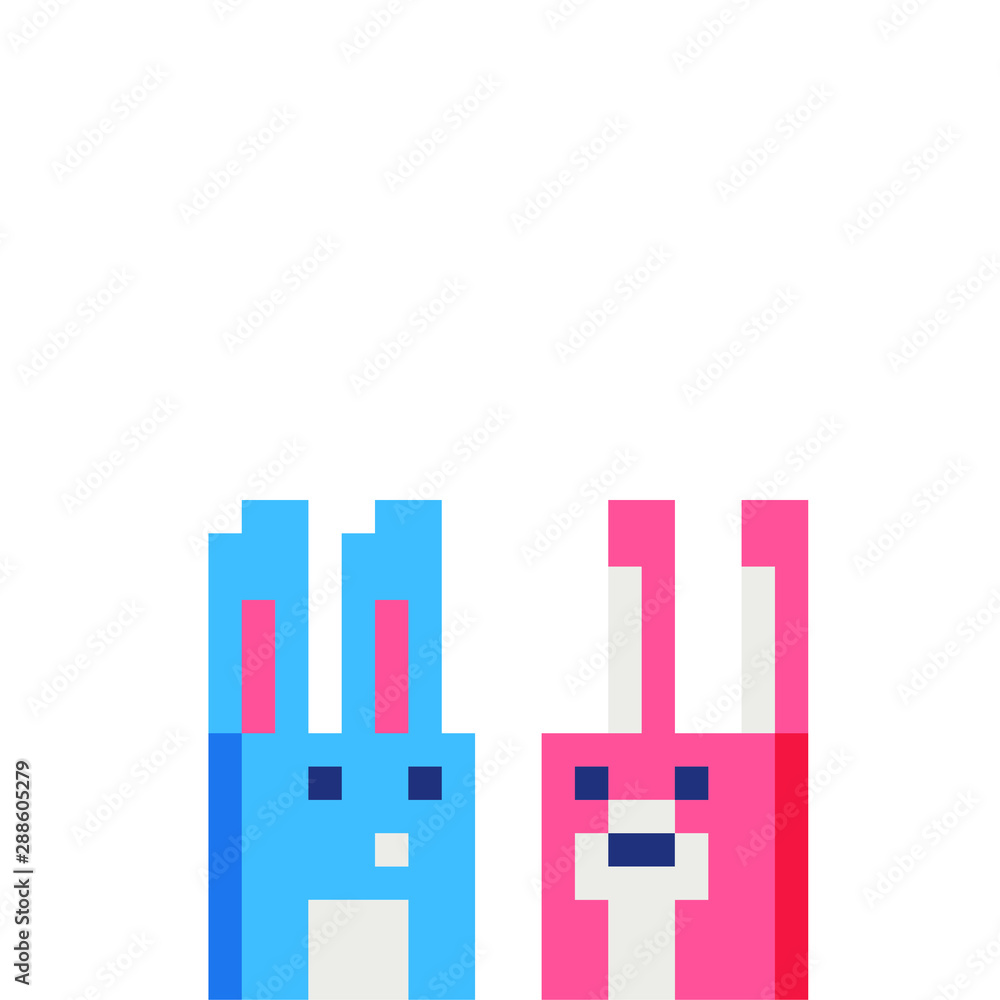 Wall mural Cute bunnies characters pixel art icon. Happy Easter design for greeting card and invitation, logo and web. Sticker design. Isolated vector illustration.