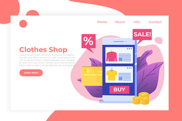 Online clothes  shopping landing page, e-commerce sales, digital marketing. Vector illustration.