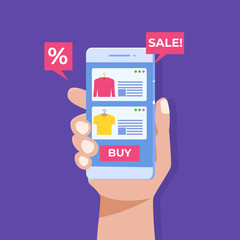 Online clothes  shopping ,Hand holding smartphone, digital marketing. Vector illustration.