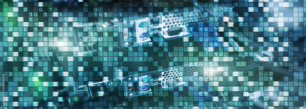 Poster binary code on datacenter background. cyber space concept. uniquetechnology wallpaper.