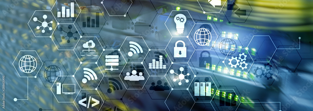 Aufkleber ict - information and telecommunication technology and iot - internet of things concepts. diagrams w