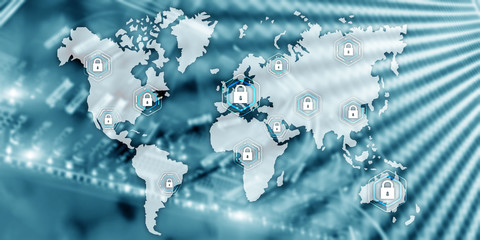 Global cyber security concept communication privacy data protection server room background