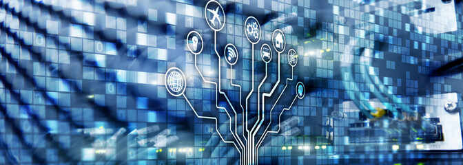 Smart server concept. IOT Internet of Things. ICT Information Communication Technology. Diagrams with icons on server room digital backgrounds