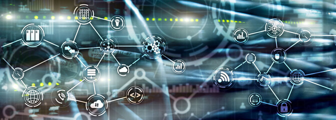 Universal Electronics Technology Background. Internet Concept of global business. Server rack blurred background.