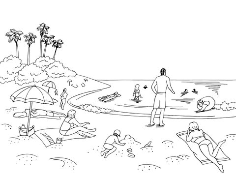 Sea coast beach graphic black white landscape sketch illustration vector