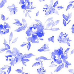 Fototapeta na wymiar Indigo Blue Watercolor Flower Wallpaper Background. Seamless Floral Pattern. Blue Flower Background