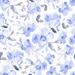 Indigo Blue Watercolor Flower Wallpaper Background. Seamless Floral Pattern. Blue Flower Background