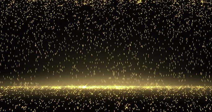 Golden glitter rain, gold particles sparkling lights. Bokeh light sparks and shimmer glow on luxury black and gold background