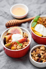 Crunchy oat granola with fruits and greek yogurt cream in bowl. Closeup view. Healthy breakfast food ingredients