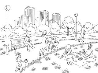 Obraz premium Park graphic black white city landscape sketch illustration vector