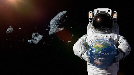 astronaut protecting planet Earth from asteroids, featuring Asia, Oceania and Australia