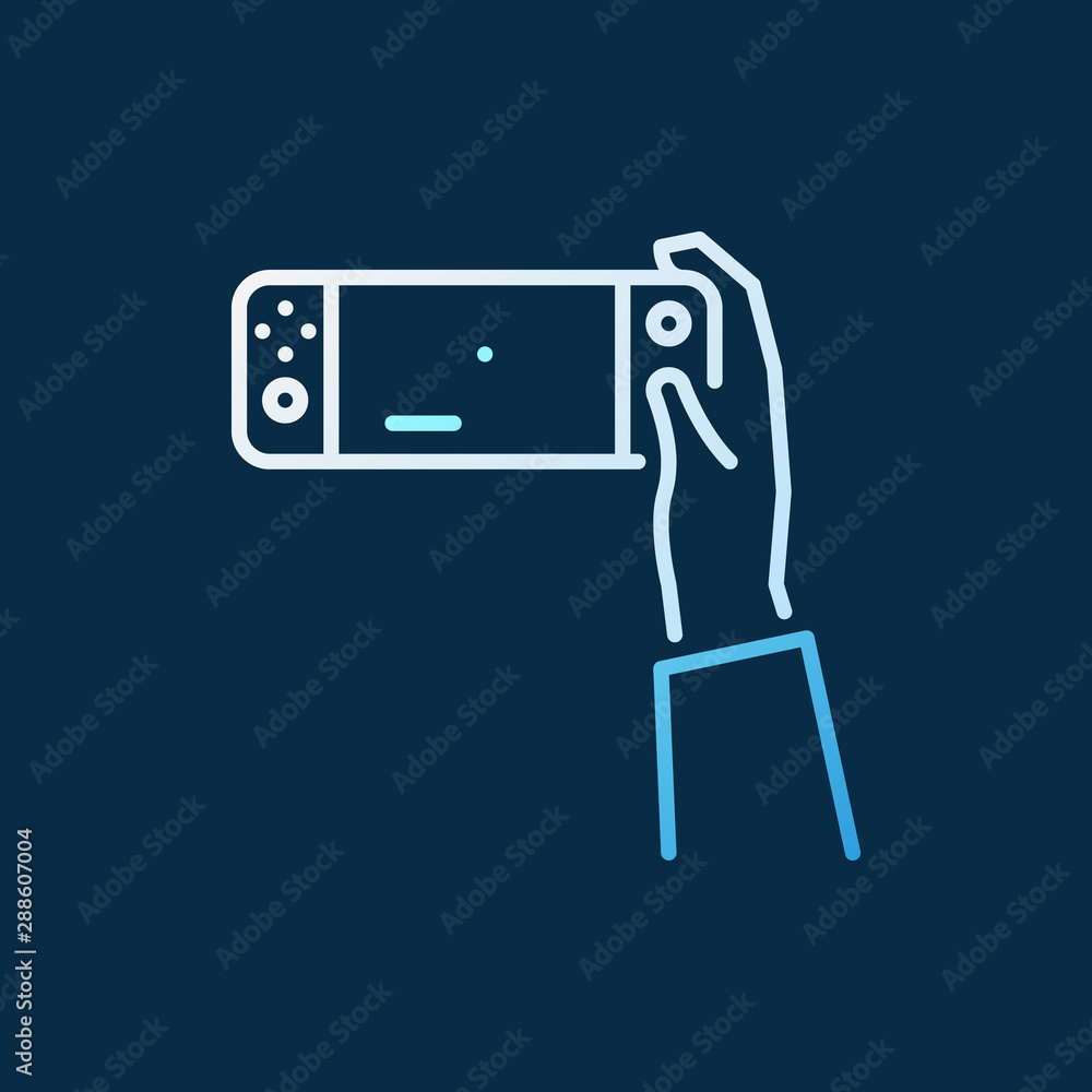 Poster hand holding handheld game console vector colored outline icon on dark background
