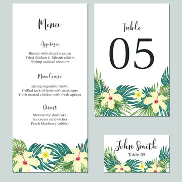 Table Menu Card Template With Hibiscus Palm Bouquet