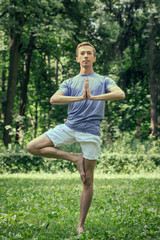 Fitness, man training yoga in tree pose in park