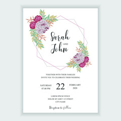 Floral wedding invitation card template with peony flower bouquet