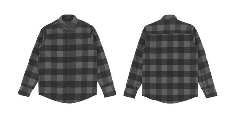 Flannel long sleeve shirt with a checkered pattern in black grey color, isolated on white background. Set of flannel shirt front and back view.