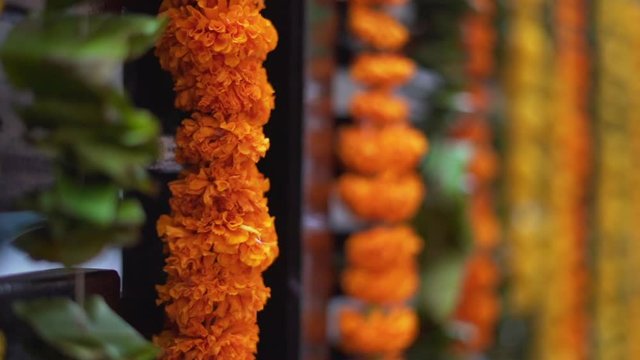 Natural marigold flowers garlands of  yellow flowers, indian festive decoration.