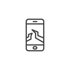 Broken mobile phone display line icon. linear style sign for mobile concept and web design. Smartphone with a cracked screen outline vector icon. Symbol, logo illustration. Vector graphics