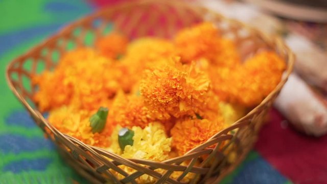 Natural marigold flowers garlands of  yellow flowers, indian festive decoration.