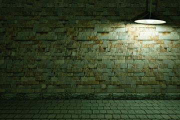 3d renderingWall masonry, Illuminated by a lantern on the right side3