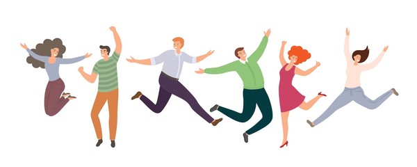 Group of happy jumping people in flat style isolated on white background. Hand-drawn collection of funny cartoon women and men. - 288609475