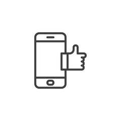 Smartphone with like notice line icon. linear style sign for mobile concept and web design. Mobile phone with thumb up outline vector icon. Symbol, logo illustration. Vector graphics