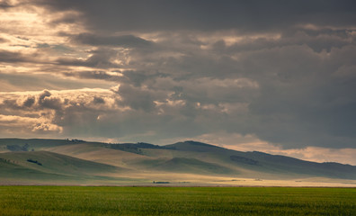 Grass hills on horizon in steppe under heavy clouds sky during sunset with sun light beams at Khakassia, Siberia, Russia.