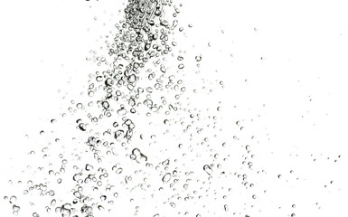 splashes, jets and drops of water hovering in the air on a white background
