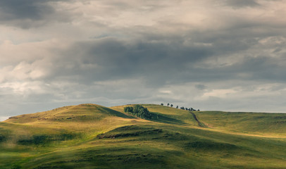 Grass hills covered with trees in steppe under spectacular clouds sky during sunset at Khakassia, Siberia, Russia.