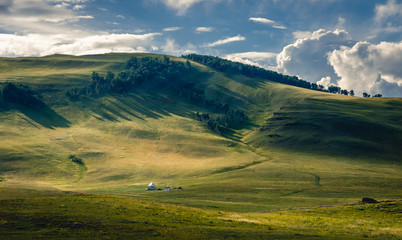 Grass hills covered with trees in steppe under spectacular clouds sky during sunset at Khakassia, Siberia, Russia.