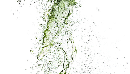 flying splashes, streams and drops of yellow and green lemonade hovered in the air on a white background