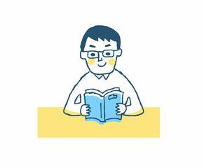 読書する男性　ブルー