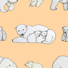 Seamless pattern with the image of a polar bears and cubs	