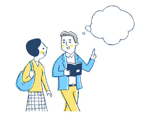 歩く男女　ふきだし　ブルー　